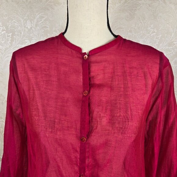 Eileen Fisher Size Large Red Sheer Blouse Button Front Round Neck Long Sleeve - Picture 2 of 12